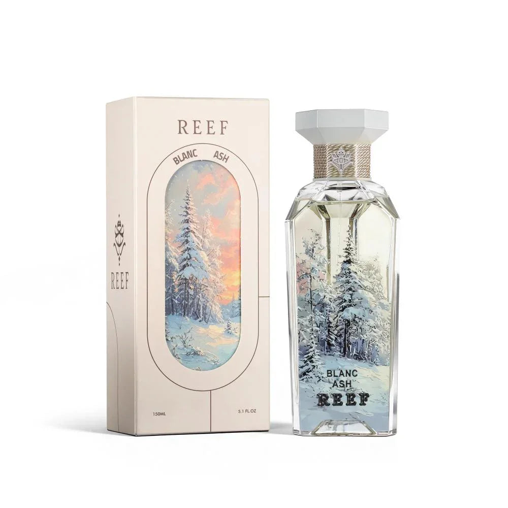 Blanc Ash REEF perfume bottle with snowy forest design, 150ml luxury fragrance