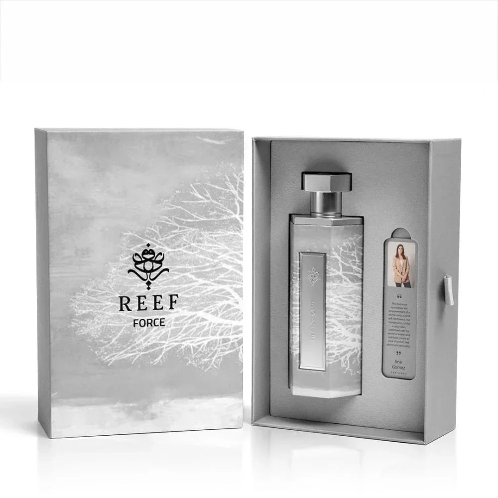 REEF Force perfume bottle in elegant silver gift box with tree design