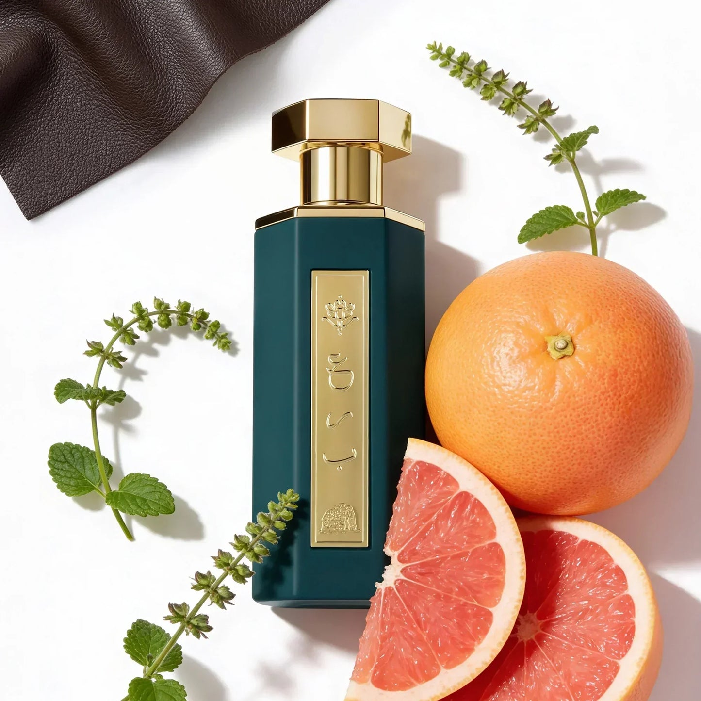 Luxury perfume bottle with grapefruit slices and green herbs, evoking fresh citrus and oriental notes