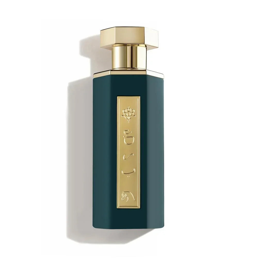 Elegant dark green perfume bottle with gold accents and embossed design, evoking luxury and oriental essence