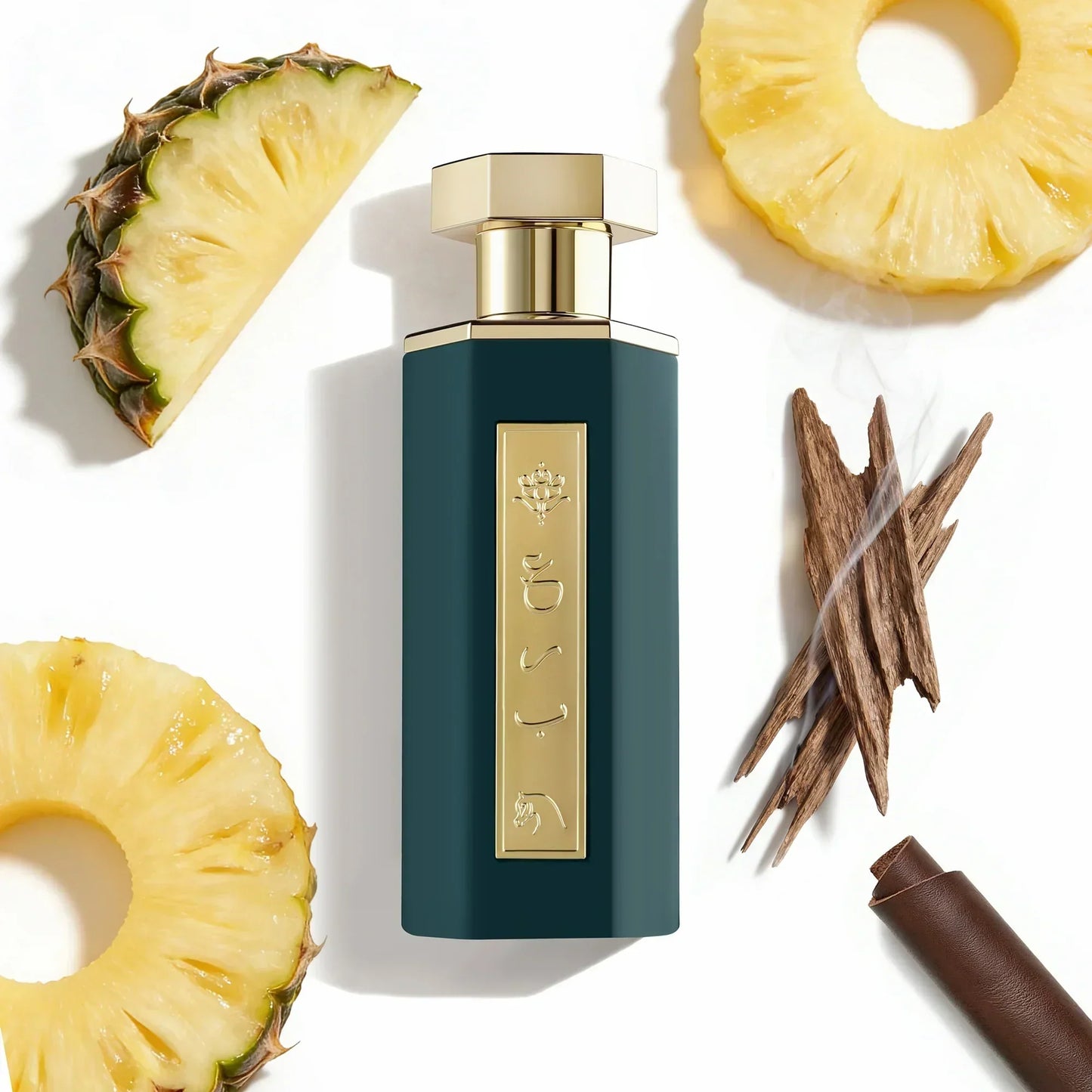 Luxury perfume bottle with pineapple slices and oud wood, evoking exotic, tropical, and oriental scents.