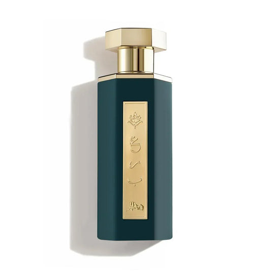 Luxury dark green perfume bottle with gold cap and Arabic script, evoking Oriental fragrance notes
