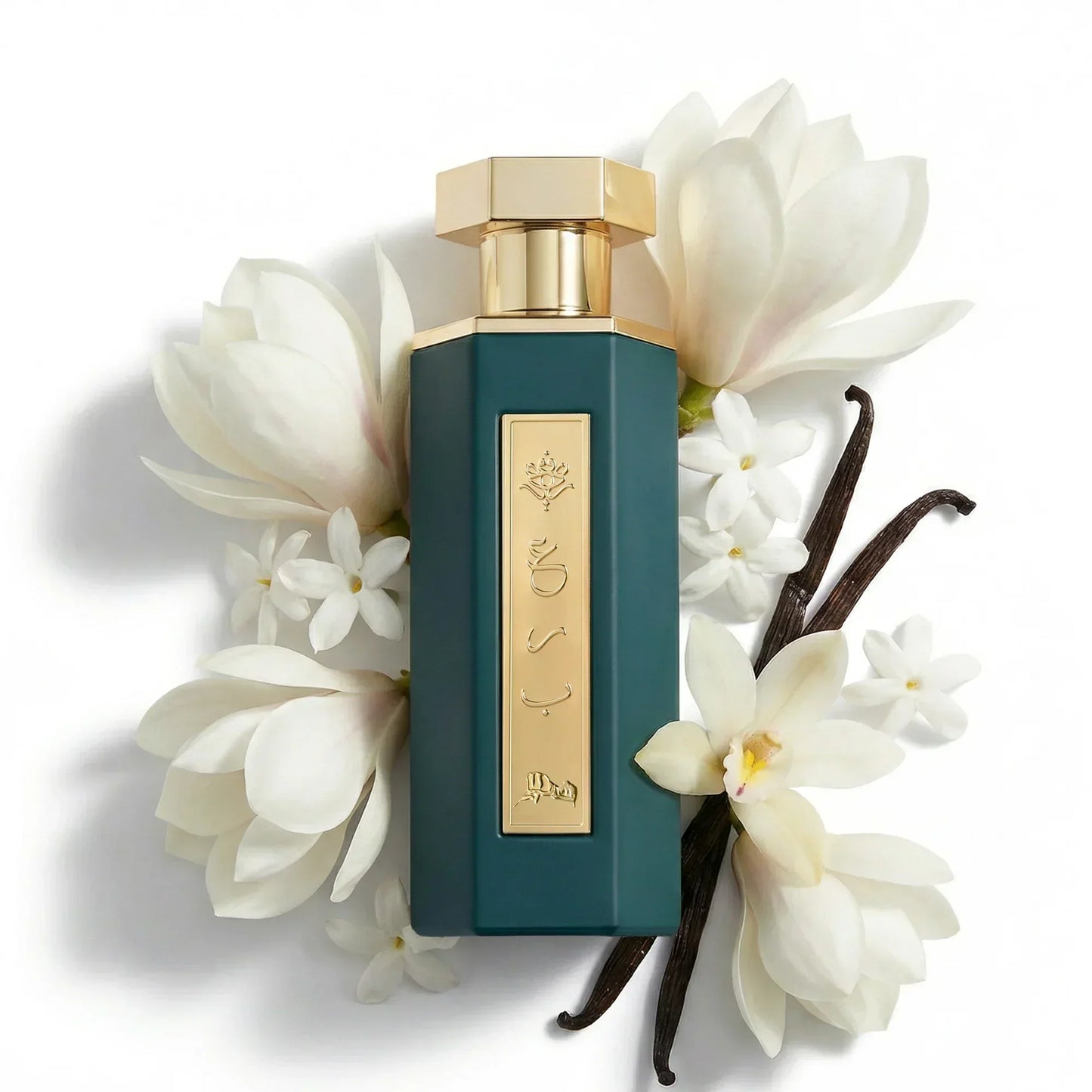 Elegant teal perfume bottle with gold accents, surrounded by white flowers and vanilla beans