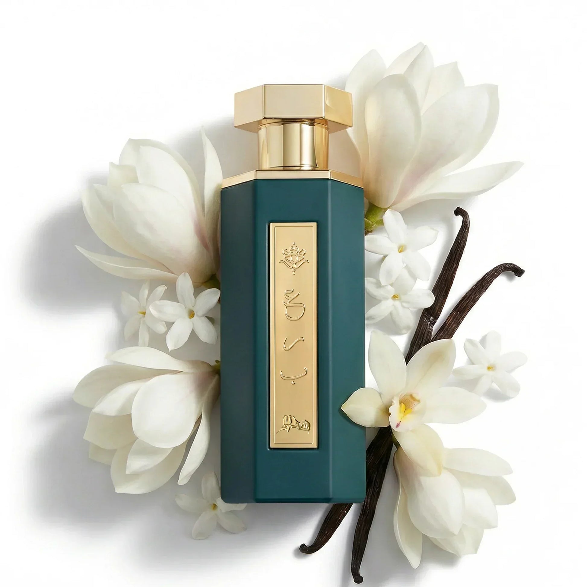 Elegant teal perfume bottle with gold accents, surrounded by white flowers and vanilla beans