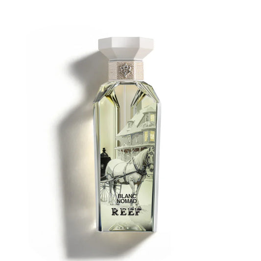 Blanc Nomad REEF perfume bottle with horse-drawn carriage design, evoking Oriental elegance and luxury fragrance