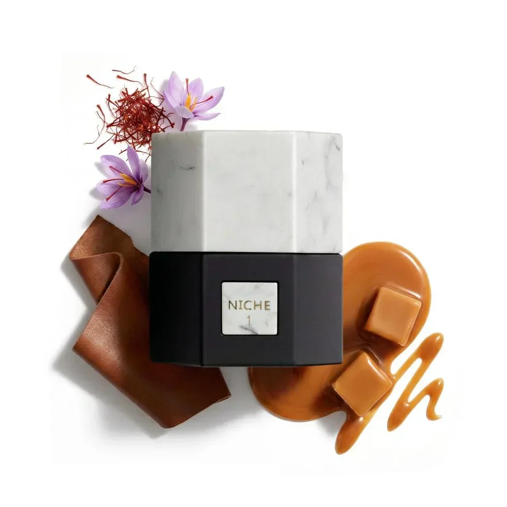 Niche 1 perfume bottle with saffron, caramel, and leather accents, evoking oriental luxury and artisanal fragrance notes
