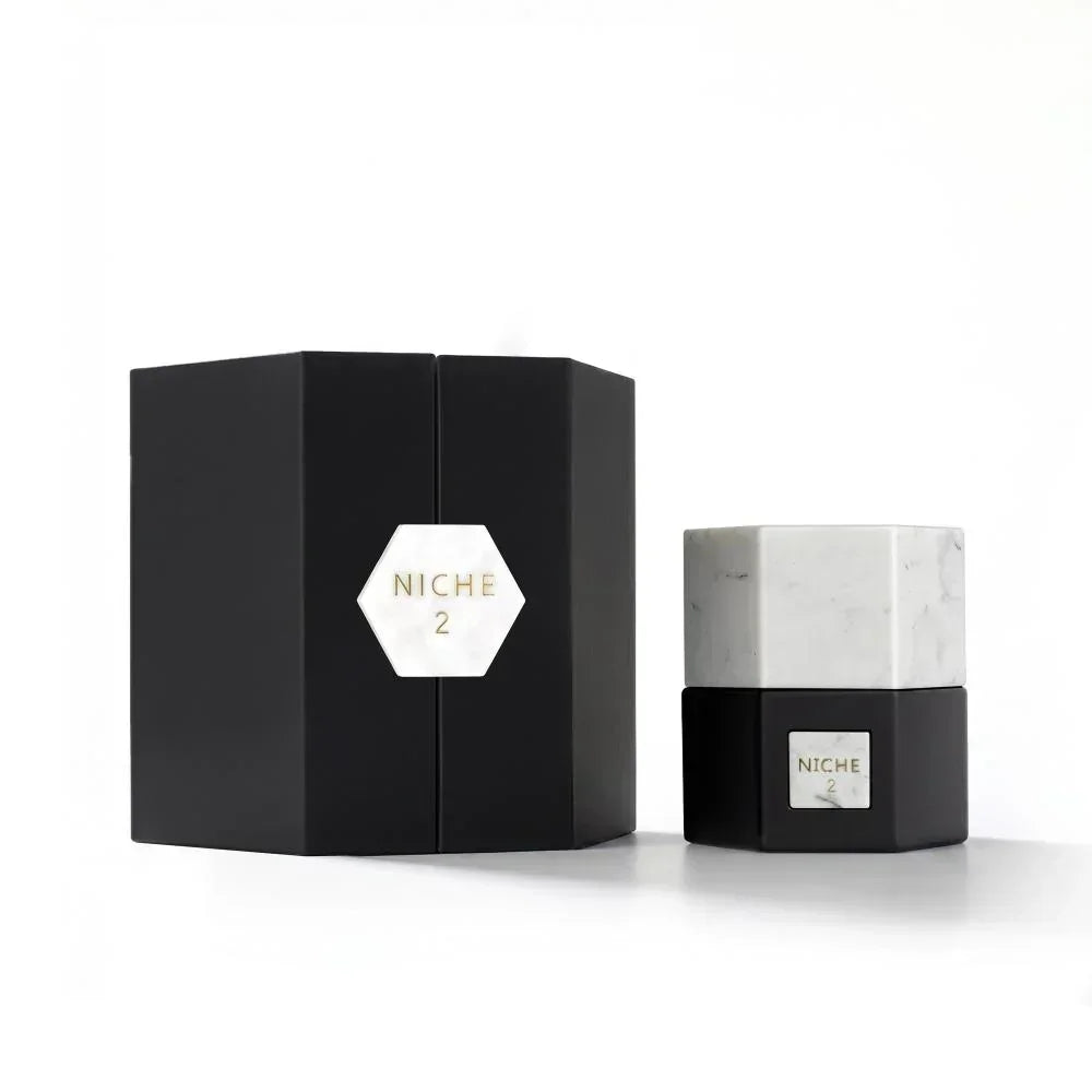 Niche 2 luxury perfume bottle with marble cap and black box, elegant fragrance packaging