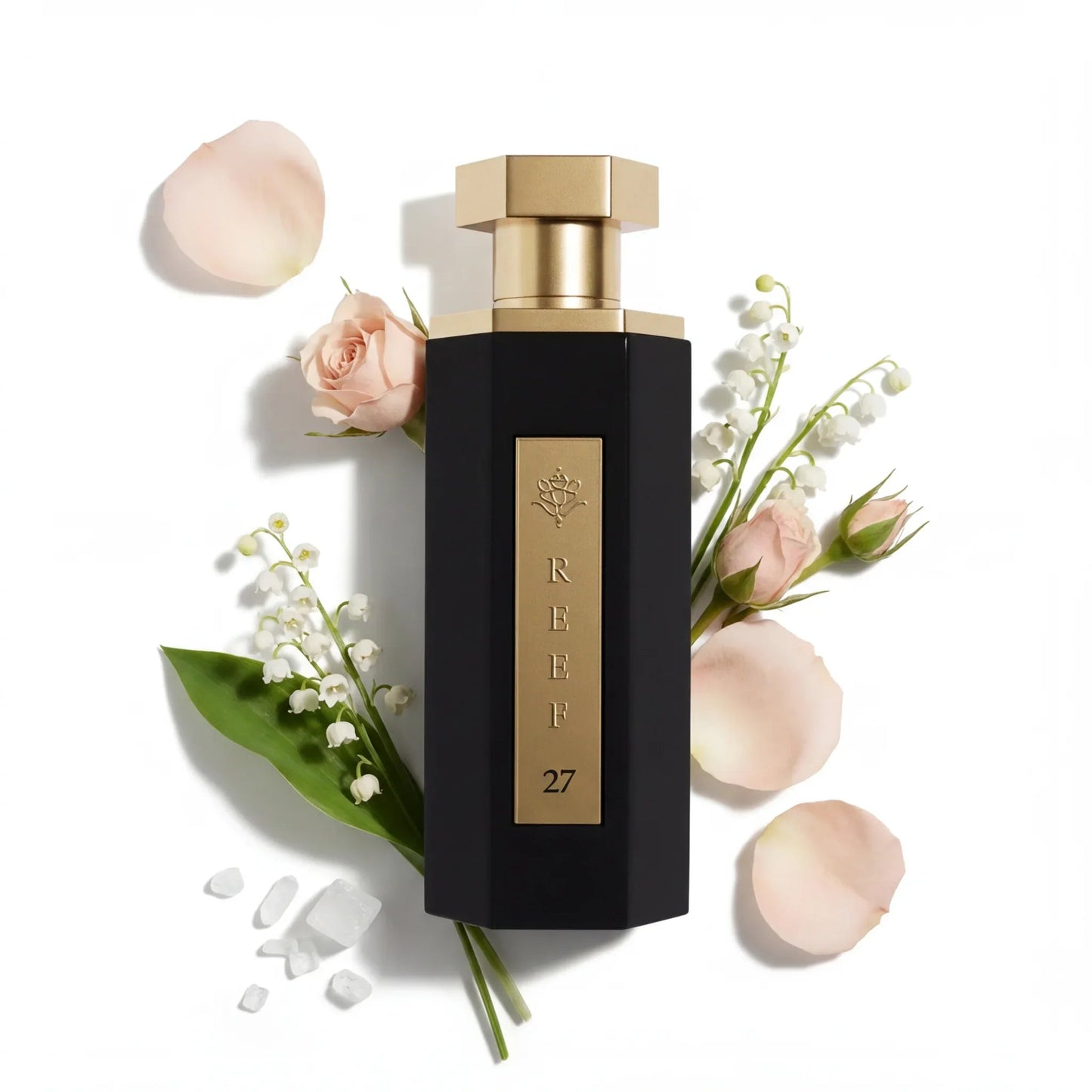 REEF 27 luxury perfume bottle with rose and lily of the valley flowers, elegant fragrance design