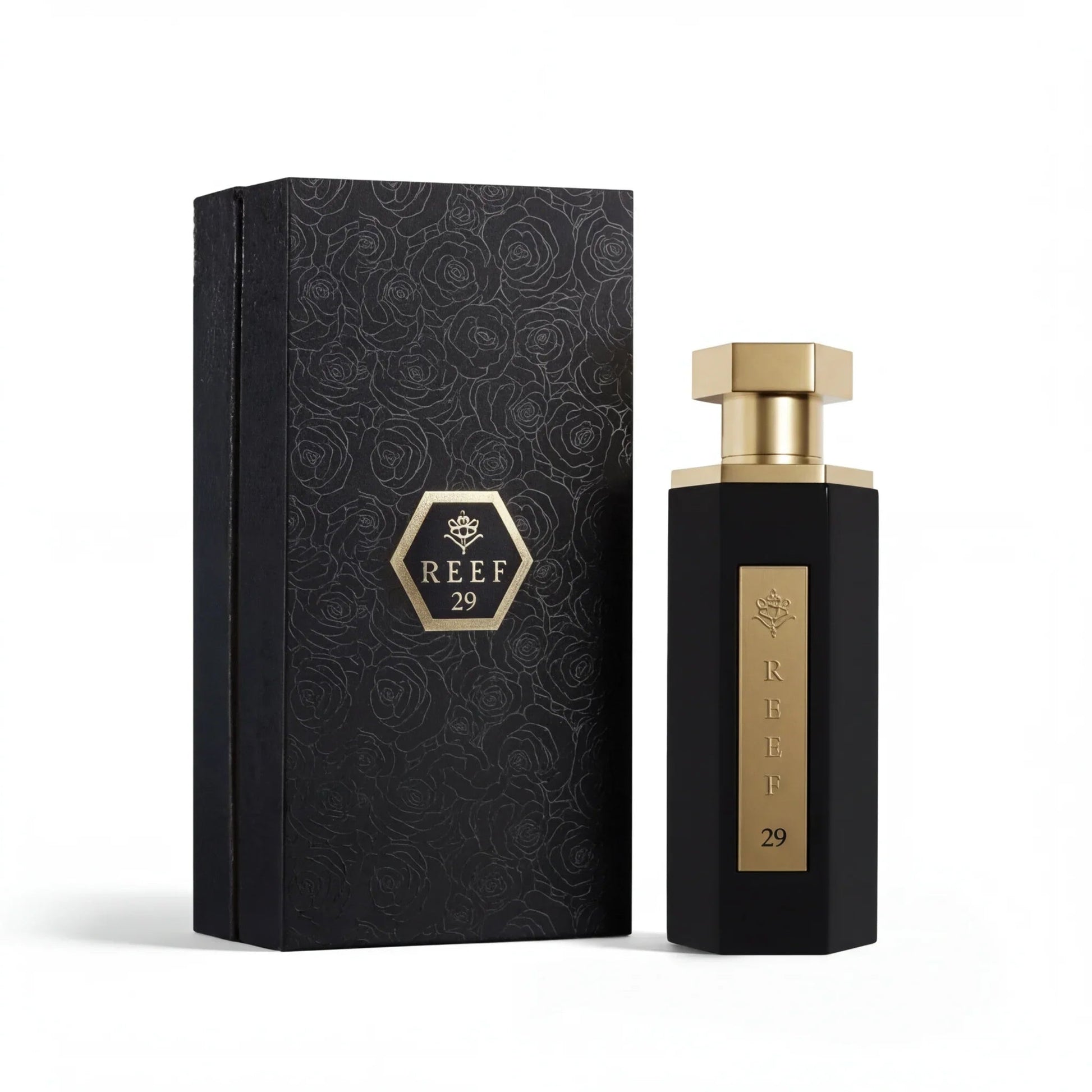 REEF 29 luxury perfume bottle with black rose-patterned box, gold accents, elegant unisex fragrance