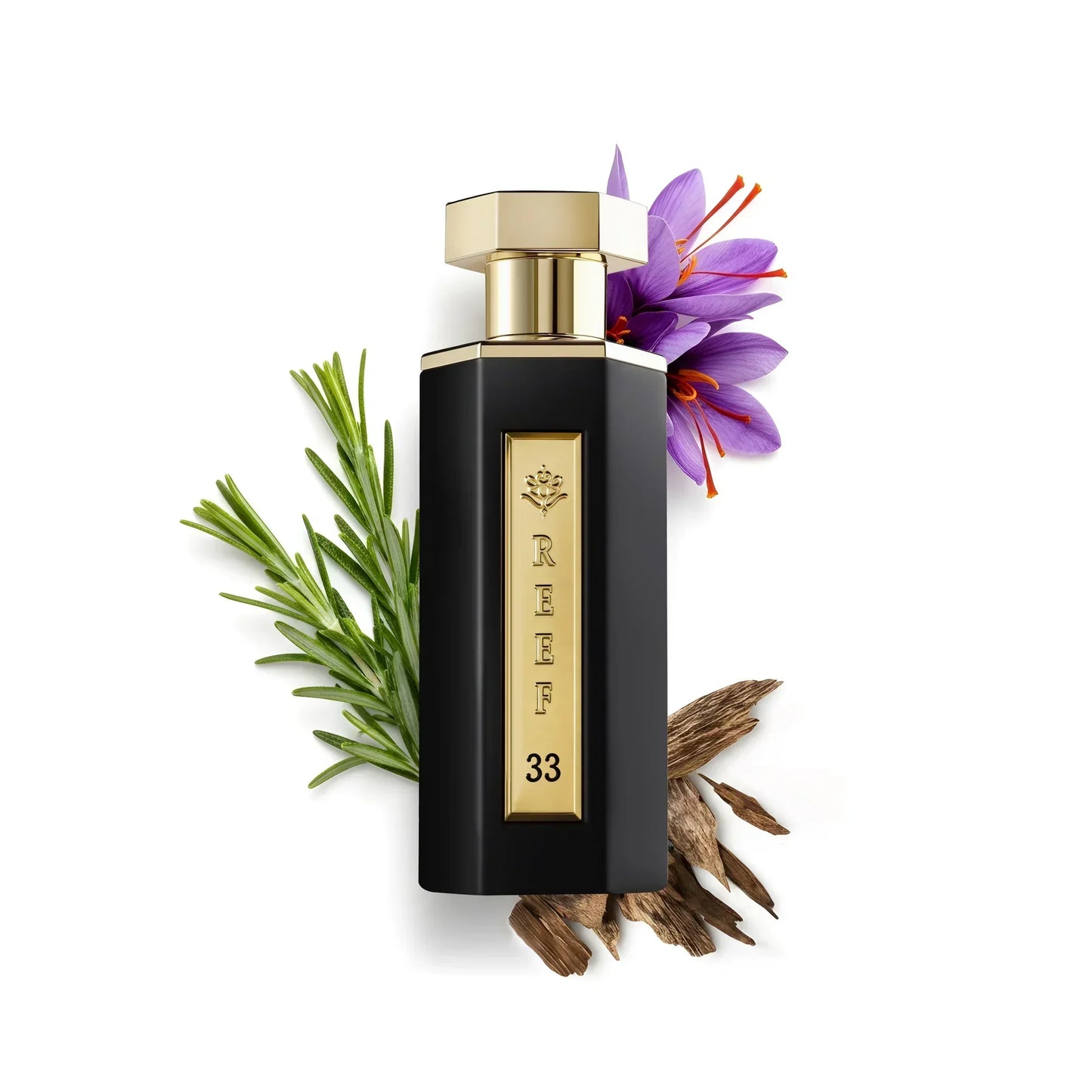 Luxury black perfume bottle with gold cap, saffron flower, rosemary, and oud wood, evoking oriental fragrance notes.