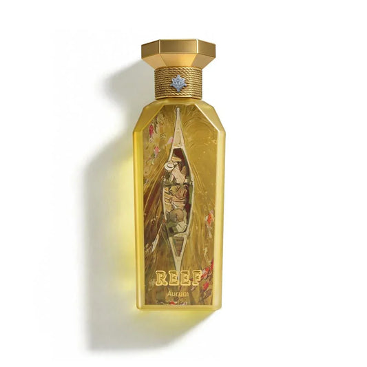 Luxury golden perfume bottle with intricate artwork, evoking oriental elegance and oud notes