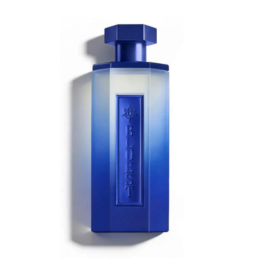 Elegant blue gradient perfume bottle with embossed design, evoking luxury and oriental essence