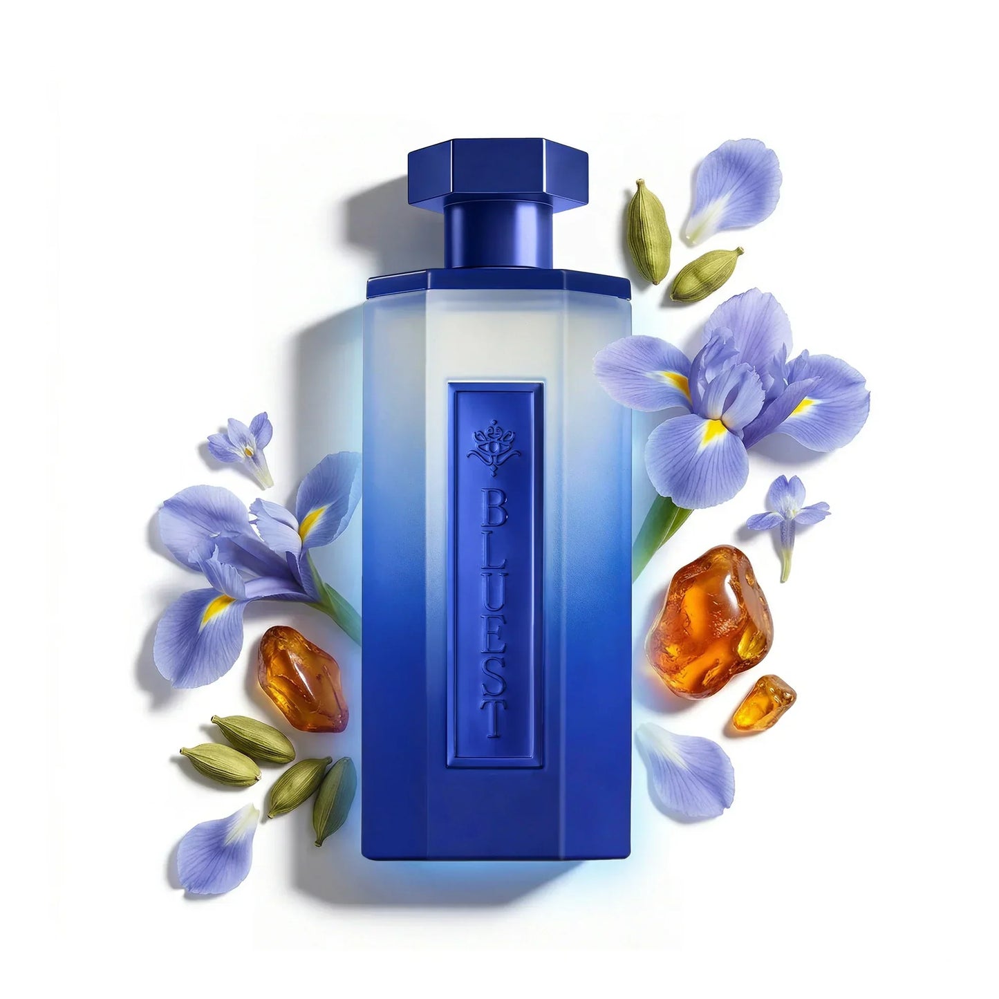 Blue perfume bottle with iris flowers, amber resin, and cardamom pods, evoking oriental fragrance notes