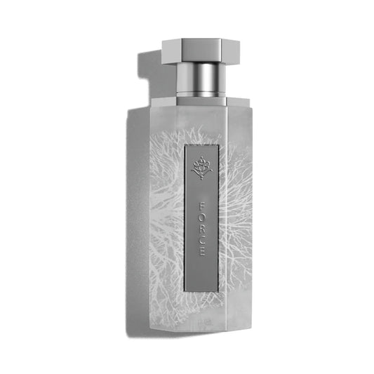 Elegant silver perfume bottle with intricate floral design and 'FORCE' label, evoking luxury and oriental notes