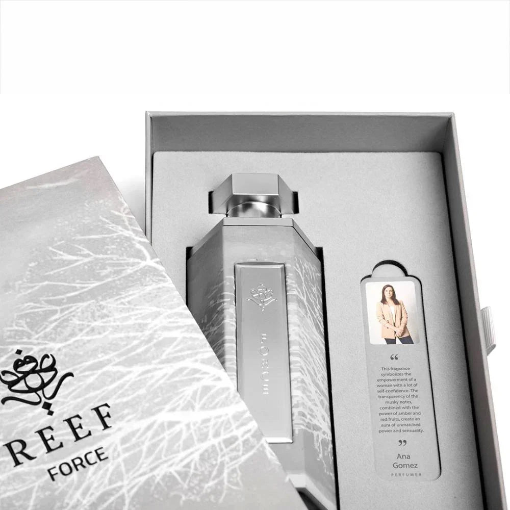 REEF Force perfume bottle in elegant gift box with descriptive card, showcasing luxury fragrance design