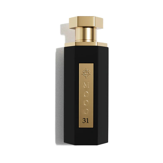 Elegant black perfume bottle with gold cap and 'MOOD 31' label, evoking luxury and oriental scents