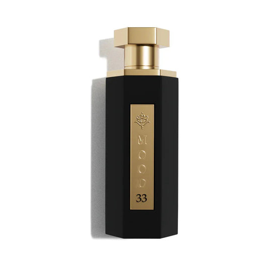 Luxury black perfume bottle with gold cap and 'MOOD 33' label, evoking oriental elegance