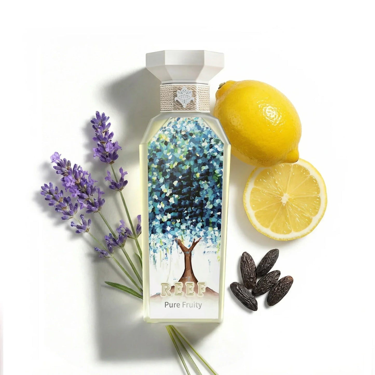REEF Pure Fruity perfume bottle with lemon, lavender, and oud wood notes, evoking fresh citrus and floral aromas