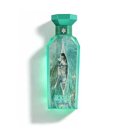 REEF Veridian perfume bottle with teal design and boat illustration, evoking oriental freshness