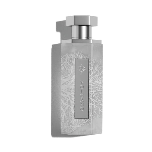 Elegant Volcano perfume bottle with intricate white patterns and metallic finish