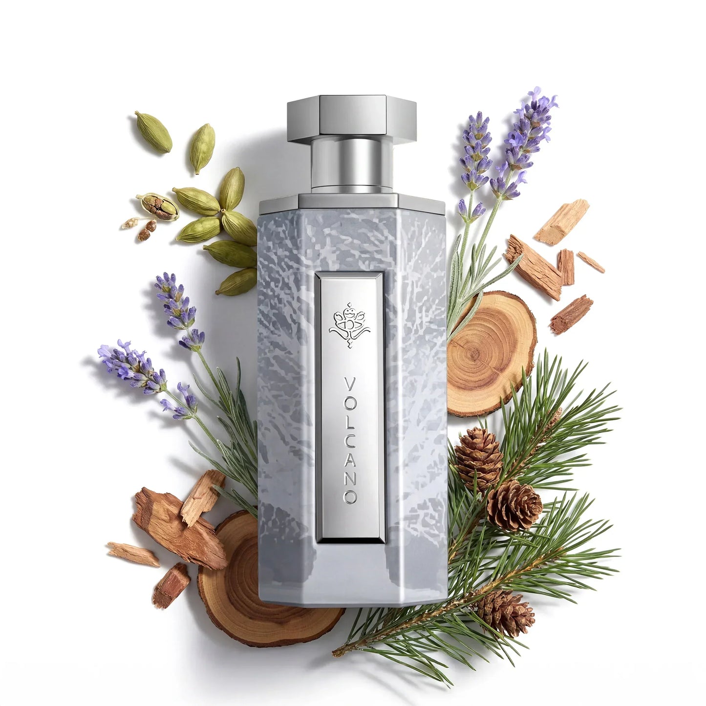 Volcano perfume bottle with lavender, pine, and wood accents for aromatic luxury