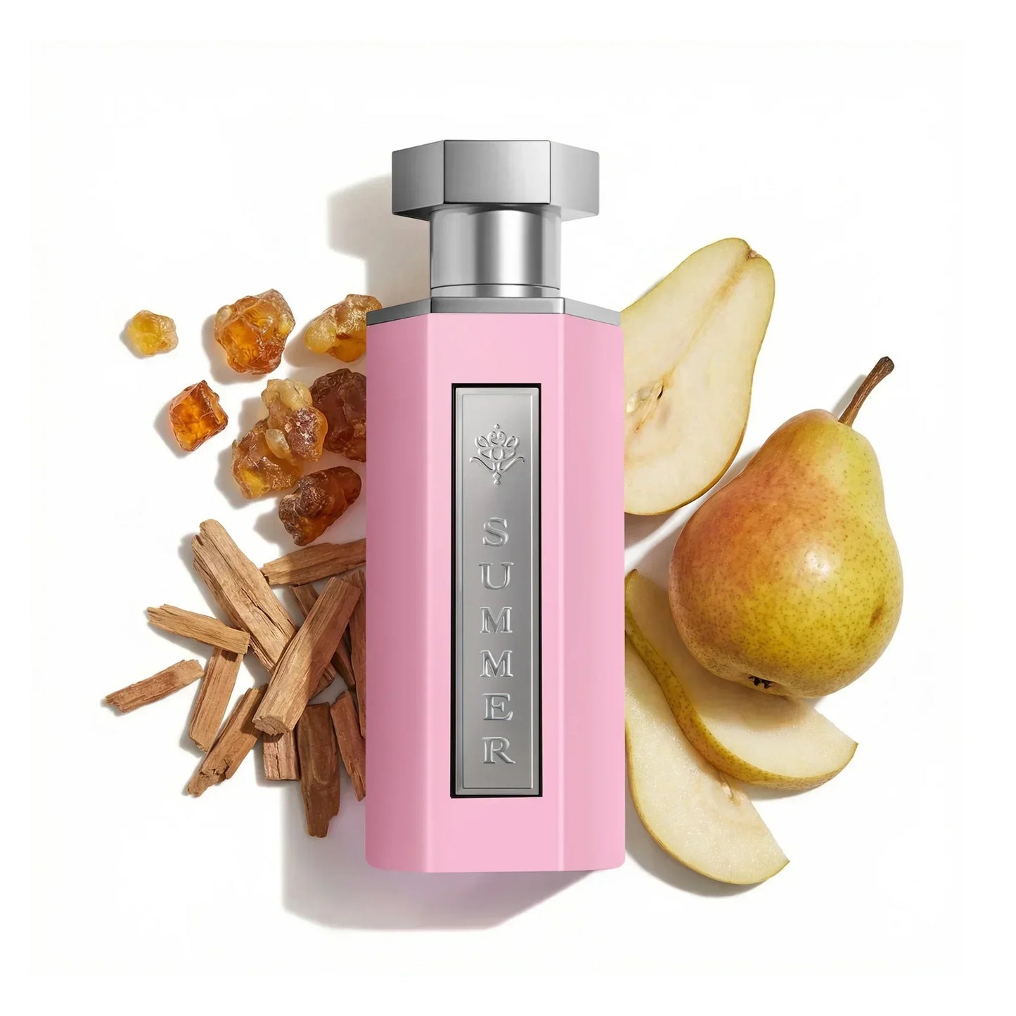 Pink perfume bottle labeled 'SUMMER' with pears, cinnamon sticks, and amber resin on white background