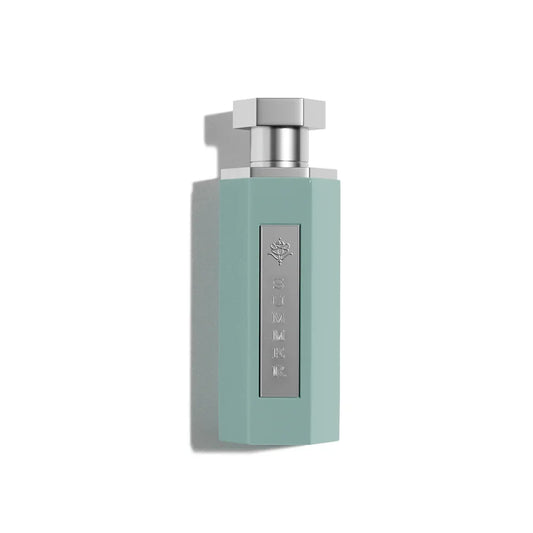 Elegant mint-green perfume bottle labeled 'SUMMER' with silver cap and floral emblem