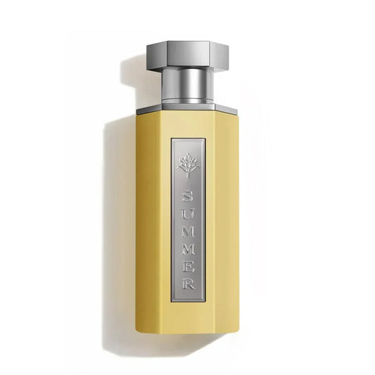 Elegant gold perfume bottle with 'SUMMER' label and silver cap, evoking warm, floral scents