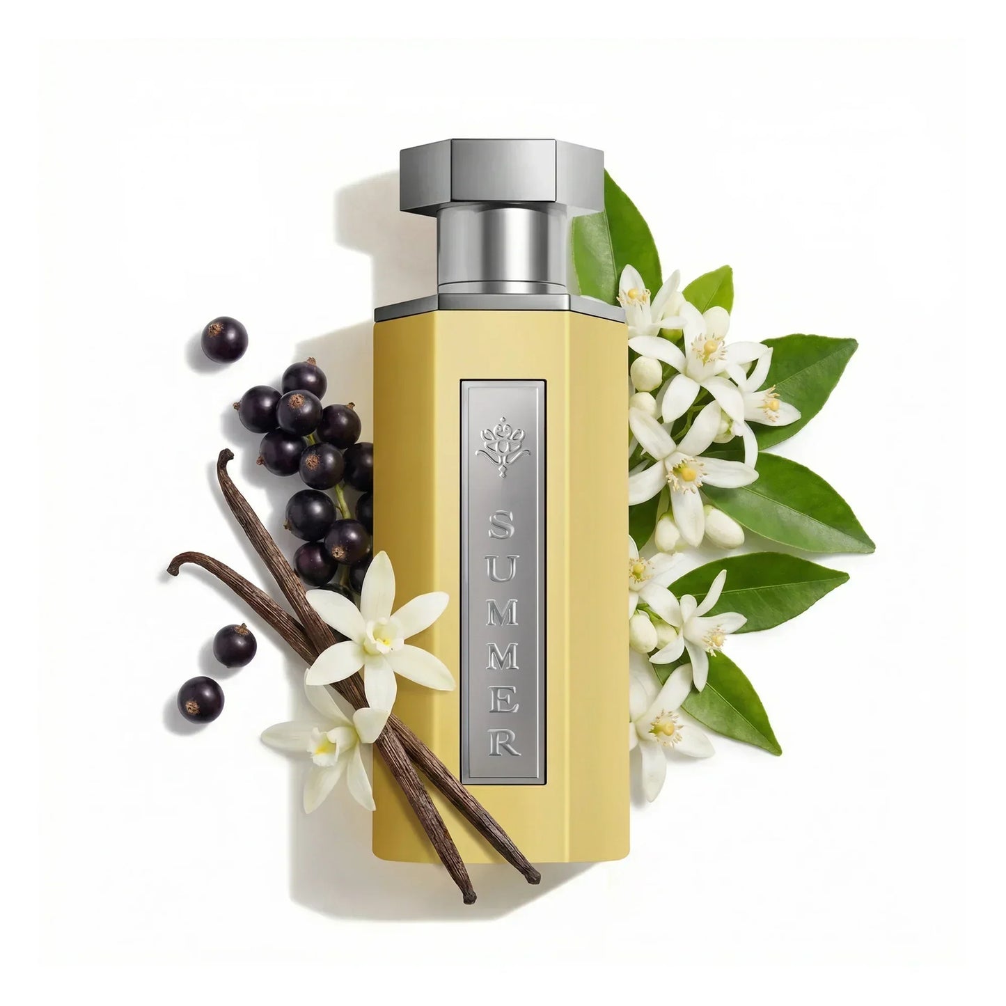 Summer perfume bottle with vanilla, berries, and white blossoms, evoking oriental fragrance notes